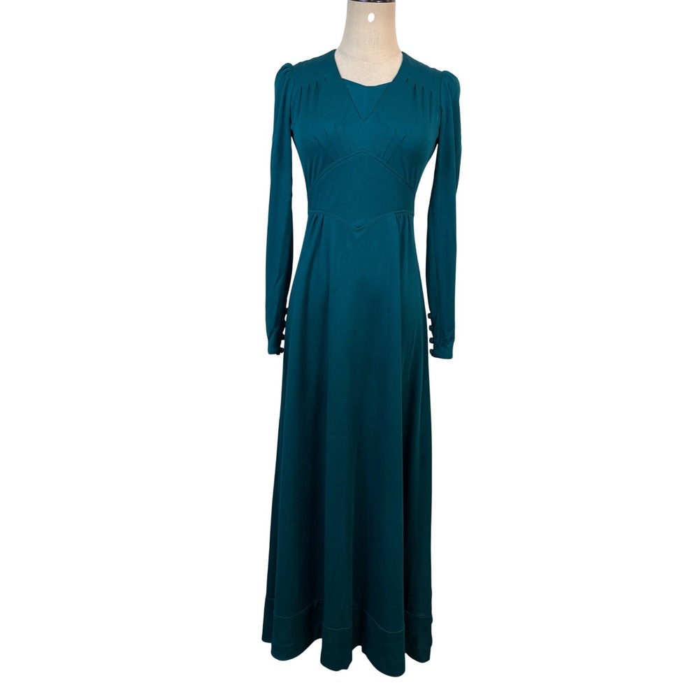 Vintage 70s Teal Blue Maxi Dress Chevron Waist Gown Boho‎ Disco festival groovy